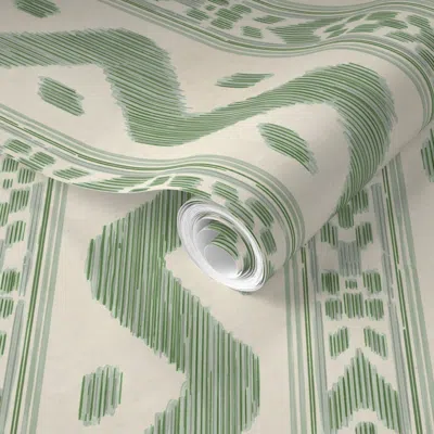 Spoonflower Pre-pasted Wallpaper Mariah Ikat Dark Hopper Green 2' X 12' Removable