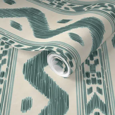 Spoonflower Pre-pasted Wallpaper Mariah Ikat French Green 2' X 12' Removable