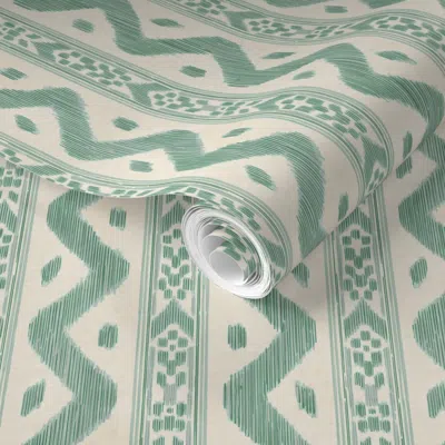 Spoonflower Pre-pasted Wallpaper Mariah Ikat Small Cottage Green 2' X 12' Removable