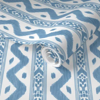 Spoonflower Pre-pasted Wallpaper Mariah Ikat Tiny Light Blue On White 2' X 12' Removable