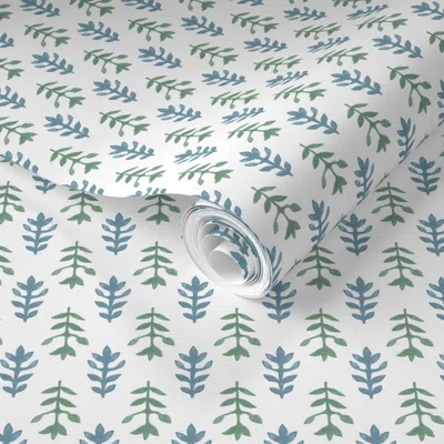 Spoonflower Pre-pasted Wallpaper Marianna's Tulips Buckland Blue And Lehigh Green 2' X 12' Removable