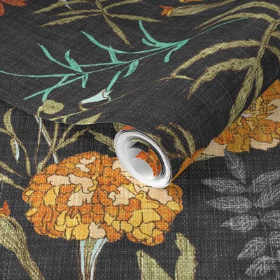 Spoonflower Pre-pasted Wallpaper Marigold Love (charcoal/orange) Jumbo 2' X 12' Removable In Gray