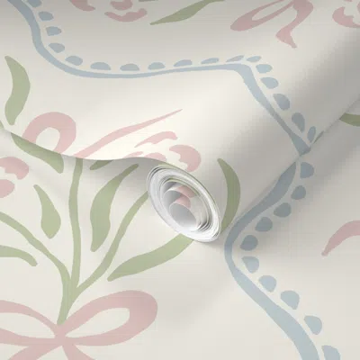 Spoonflower Pre-pasted Wallpaper Marigold Preppy Grandmillennial Floral Wavy Stripe Bows Pink Blue Green 2' X 12 In Multi