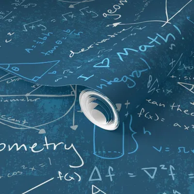 Spoonflower Pre-pasted Wallpaper Math Lessons (teal) 2' X 12' Removable In Blue