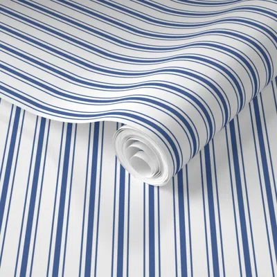 Spoonflower Pre-pasted Wallpaper Mattress Ticking Narrow Striped Pattern In Dark Blue And White 2' X 12' Removab