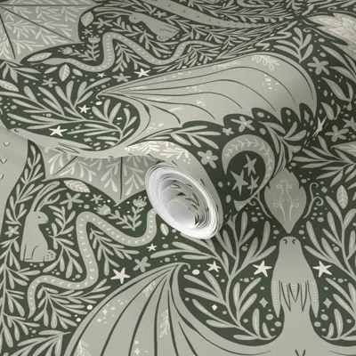 Spoonflower Pre-pasted Wallpaper Maximalist Folk Dragons And Enchanted Forest Friends Green Dark 1 2' X 12' Remo