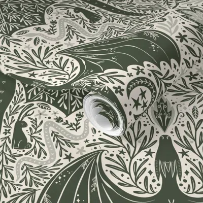 Spoonflower Pre-pasted Wallpaper Maximalist Folk Dragons And Enchanted Forest Friends Green Light 1 2' X 12' Rem