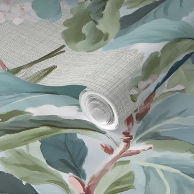 Spoonflower Pre-pasted Wallpaper Meadowlight Chinoiserie In Coastal Green Hatch-grasscloth 2' X 12' Removable