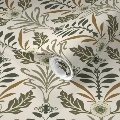 Spoonflower Pre-pasted Wallpaper Med - Art Nouveau - Medium - Ivory /beige 2' X 12' Removable