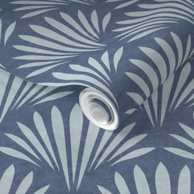 Spoonflower Pre-pasted Wallpaper Mediterranean Modern Coastal Navy Blue Scallop Tile Nautical Seashell 2' X 12' 