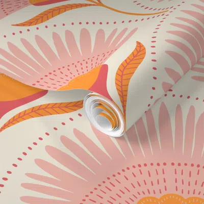Spoonflower Pre-pasted Wallpaper Medium -aara Palm - Custom - Merlene- Tangelo And Timid White 2' X 12' Removabl