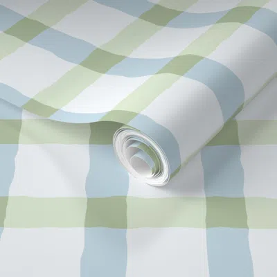 Spoonflower Pre-pasted Wallpaper Medium Gingham Check Powder Blue And Soft Sage Green Home Decor 2' X 12' Remova