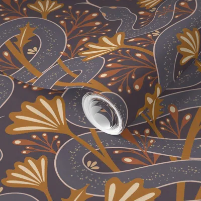 Spoonflower Pre-pasted Wallpaper Medium Graceful Serpents Renewal Growth And Grounding Ancient Magic Retro 2' X 