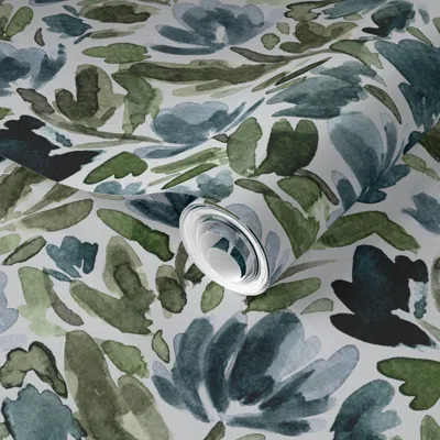 Spoonflower Pre-pasted Wallpaper Medium - Midnight Blue Watercolour Tulip Vines - Light Grey 2' X 12' Removable