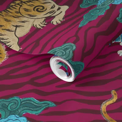 Spoonflower Pre-pasted Wallpaper Medium Primitive Beasts On Magenta 2' X 12' Removable