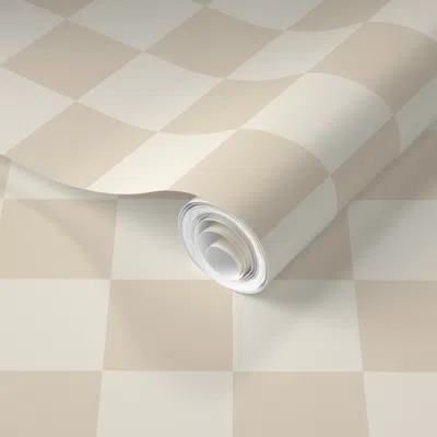 Spoonflower Pre-pasted Wallpaper Medium Retro Tan And Beige Checkerboard Geometric Checks Squares Blender 2' X 1 In Neutral