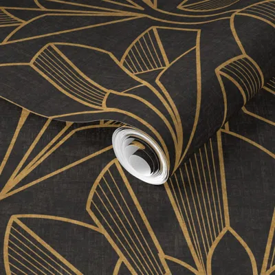 Spoonflower Pre-pasted Wallpaper (medium Scale) Art Deco Flower Black Gold 2' X 12' Removable