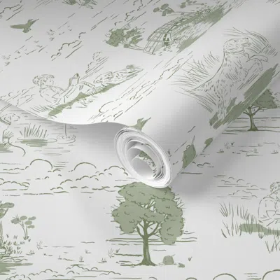 Spoonflower Pre-pasted Wallpaper Medium Scale Boy Fishing With His Dog Toile In Sage 2' X 12' Removable