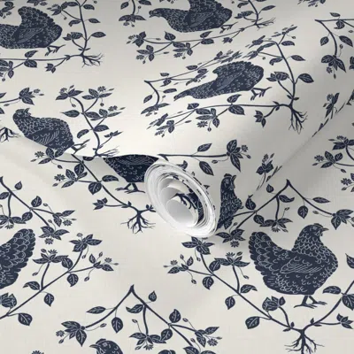 Spoonflower Pre-pasted Wallpaper Medium Scale - Chickens With Chickweed Block Print - Navy Blue On Ivory 2' X 12