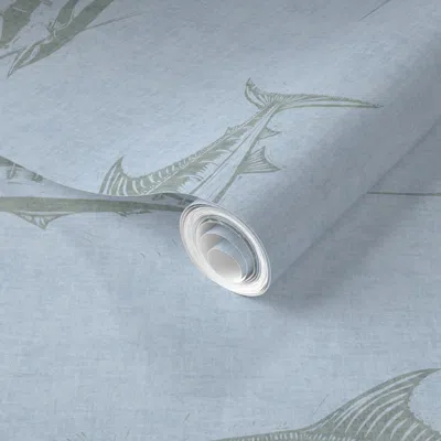 Spoonflower Pre-pasted Wallpaper (medium Scale) Marlin Fish Fishing Coastal Block Print Muted Light Blue 2' X 12
