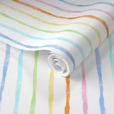 Spoonflower Pre-pasted Wallpaper Medium Scale Simple Watercolor Vertical Stripes In Pastel Rainbow Colors 2' X 1 In Multi