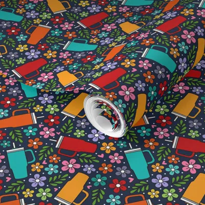 Spoonflower Pre-pasted Wallpaper Medium Scale Tumbler Cup Colorful Floral Navy 2' X 12' Removable