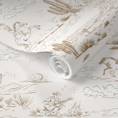 Spoonflower Pre-pasted Wallpaper Medium Scale Western Americana Vintage Cowboys Toile In Macchiato Tan 2' X 12' 
