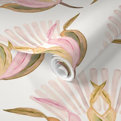 Spoonflower Pre-pasted Wallpaper Medium White Lotus Flower Pink Gold Green Flower On White  Fabric 2' X 12' Remo