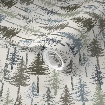 Spoonflower Pre-pasted Wallpaper Medium Winter Forest Trees Sage Green Blue 11.5 X 11.5 2' X 12' Removable
