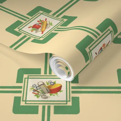Spoonflower Pre-pasted Wallpaper Meemaw's Kitchen - Retro Kitchen Collection (green) 2' X 12' Removable