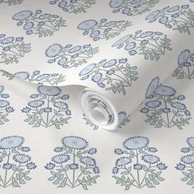Spoonflower Pre-pasted Wallpaper Melanie Block Bloom Blue And Aqua 6 2' X 12' Removable
