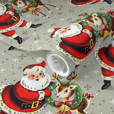 Spoonflower Pre-pasted Wallpaper Merry Christmas Xmas Santa Claus Deer Wreaths Baubles Bows Bells Ribbons 2' X 1