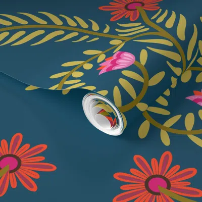 Spoonflower Pre-pasted Wallpaper Mexican Fiesta Vine Floral - Green Vines With Pink & Red Blooms On Teal 2' X 12