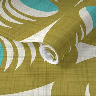 Spoonflower Pre-pasted Wallpaper Mid Century Atomic Oval Geometric - Retro Mod Abstract Olive Teal (l) 2' X 12' 