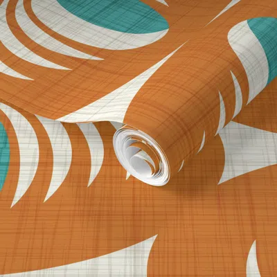 Spoonflower Pre-pasted Wallpaper Mid Century Atomic Oval Geometric - Retro Mod Abstract Orange Teal (l) 2' X 12'
