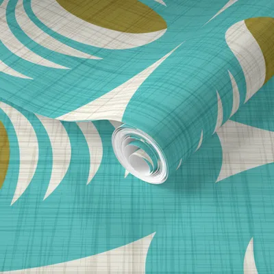 Spoonflower Pre-pasted Wallpaper Mid Century Atomic Oval Geometric - Retro Mod Abstract Teal Olive (l) 2' X 12' 