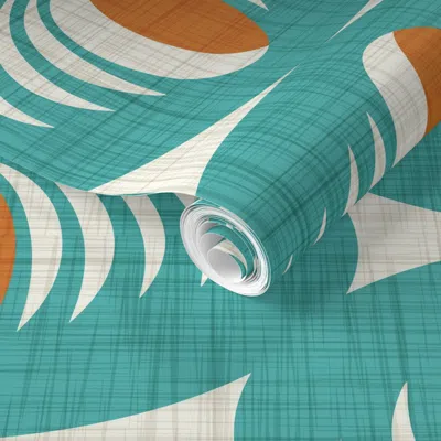 Spoonflower Pre-pasted Wallpaper Mid Century Atomic Oval Geometric - Retro Mod Abstract Teal Orange (l) 2' X 12'