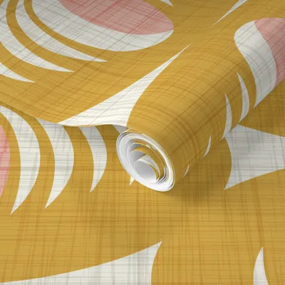 Spoonflower Pre-pasted Wallpaper Mid Century Atomic Oval Geometric - Retro Mod Abstract Yellow Pink (l) 2' X 12'