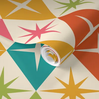 Spoonflower Pre-pasted Wallpaper Mid Century Atomic Starbursts On Retro Harlequin Diamonds- Large Scale 2' X 12'
