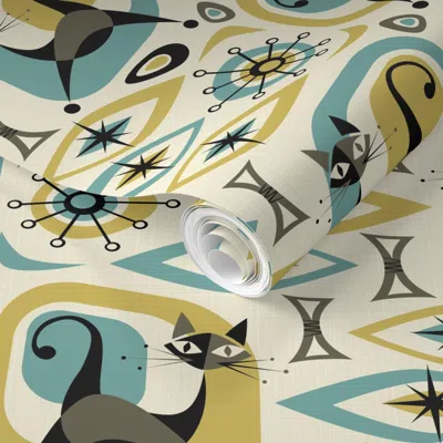 Spoonflower Pre-pasted Wallpaper Mid Century Cat Abstract - Gld/blu 2' X 12' Removable