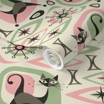 Spoonflower Pre-pasted Wallpaper Mid Century Cat Abstract - P&g 2' X 12' Removable