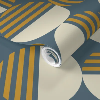 Spoonflower Pre-pasted Wallpaper Mid Century Circles - Blue And Gold 2' X 12' Removable