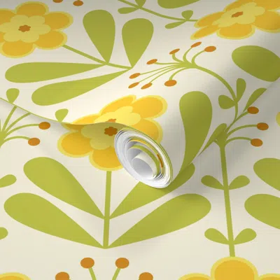 Spoonflower Pre-pasted Wallpaper Mid Century Design With Yellow Flowers 2' X 12' Removable