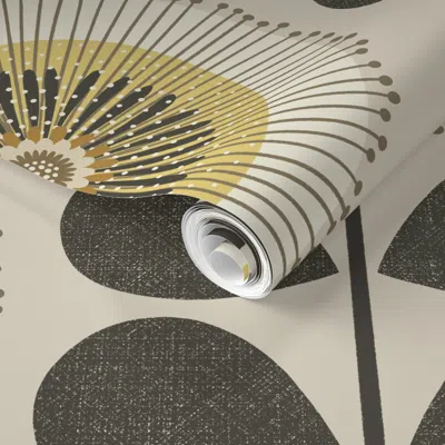 Spoonflower Pre-pasted Wallpaper Mid Century Flowers - Beige - Mustard Yellow (extra Large Scale) 2' X 12' Remov