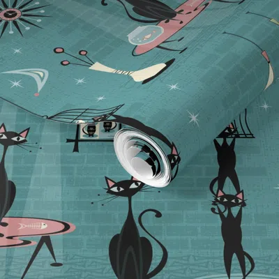 Spoonflower Pre-pasted Wallpaper Mid Century Kitty Mischief 2' X 12' Removable In Multi