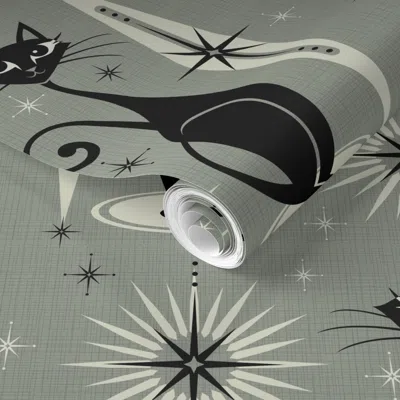 Spoonflower Pre-pasted Wallpaper Mid Century Meow - Gray Vertical 2' X 12' Removable In Multi