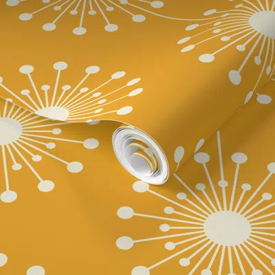 Spoonflower Pre-pasted Wallpaper Mid Century Mod Dandelion In Mustard Gold Yellow Vintage Geometric Floral  Remo