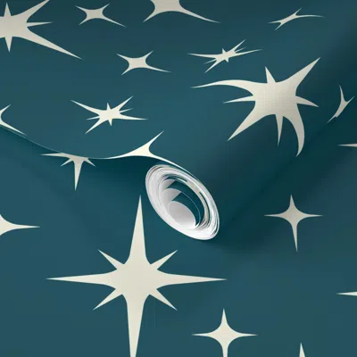 Spoonflower Pre-pasted Wallpaper Mid Century Modern Atomic Blue 2' X 12' Removable