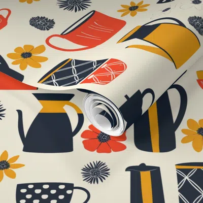 Spoonflower Pre-pasted Wallpaper Mid Century Modern Atomic Cheerful Kitchen 2' X 12' Removable
