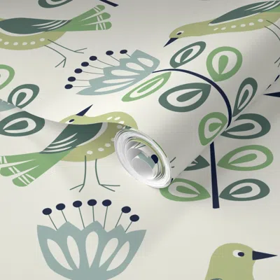 Spoonflower Pre-pasted Wallpaper Mid Century Modern Birds Green 2' X 12' Removable